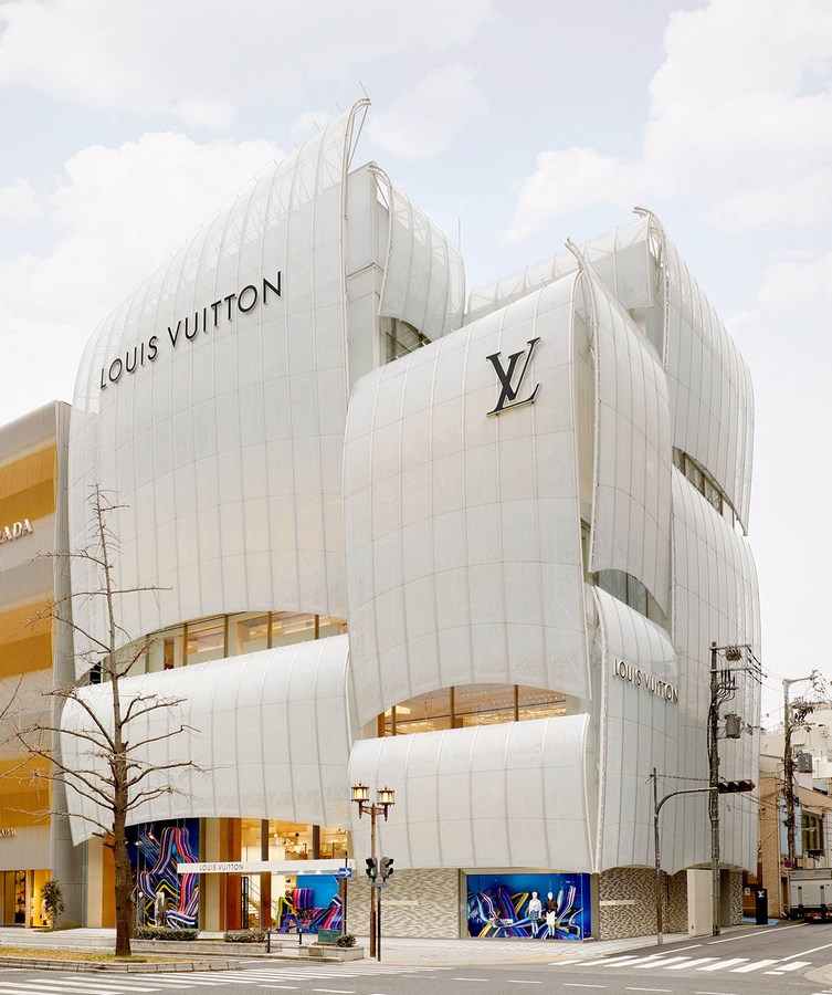 Left: model based on the Louis Vuitton store facade; Top (A-C): the