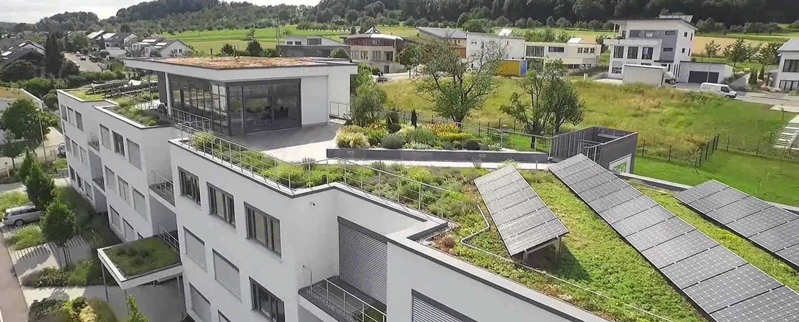 <span style="font-weight: 400;">Green rooftops and vegetation on site_©Geoplast global</span>