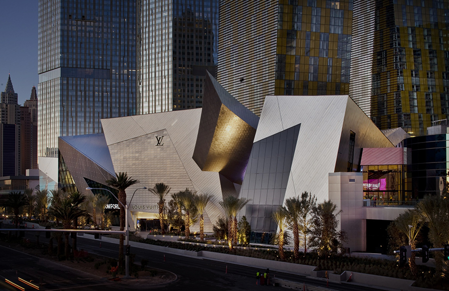 Exterior of Louis Vuitton storefront at the Crystals Shops in Las Vegas City  Center. Stock Photo