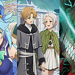 Aqua from KonoSuba, Rudeus and Sylphiette from Mushoku Tensei, and Kafka Hibino from Kaiju No. 8 side by side.